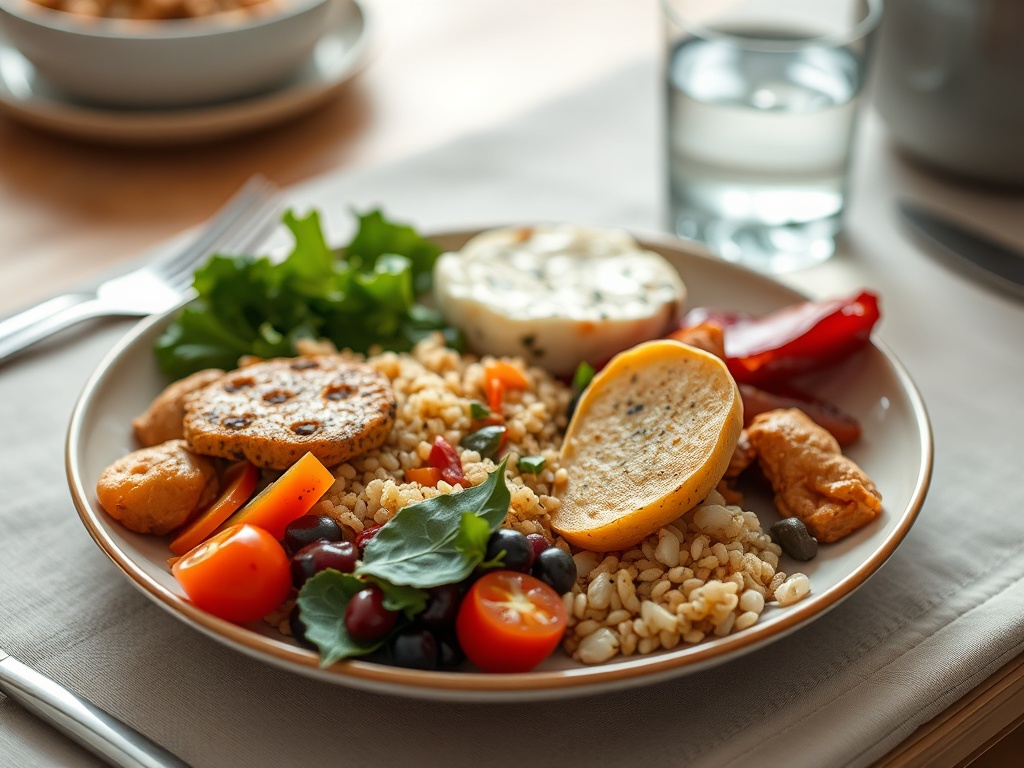 Тарелка с разнообразными овощами, крупами и расстегаемого мяса на столе. Стакан воды рядом.