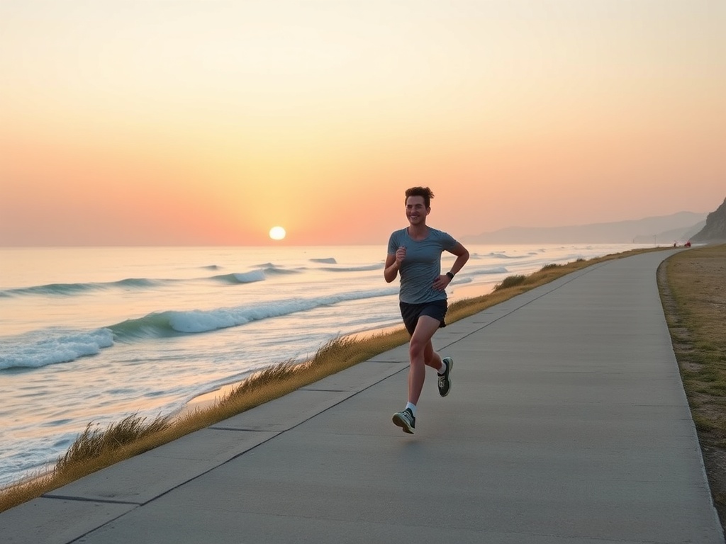 Молодой человек бегает вдоль побережья на фоне заката и волн моря. Атмосфера спокойствия и энергичности.