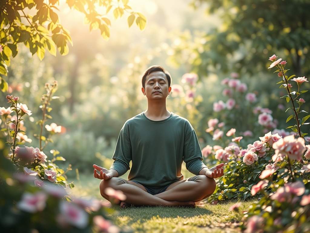 Человек медитирует среди розовых цветов на солнечном фоне, создавая атмосферу спокойствия и умиротворения.