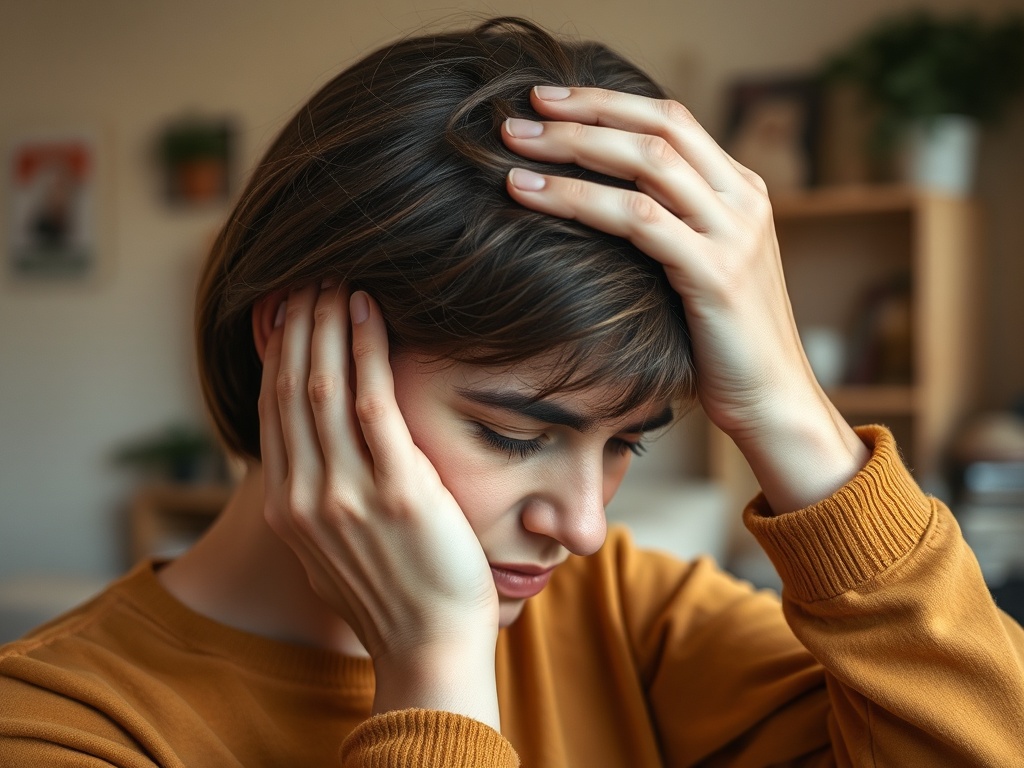 Молодая женщина с короткими волосами держится за голову, выражая стресс или беспокойство в уютной обстановке.