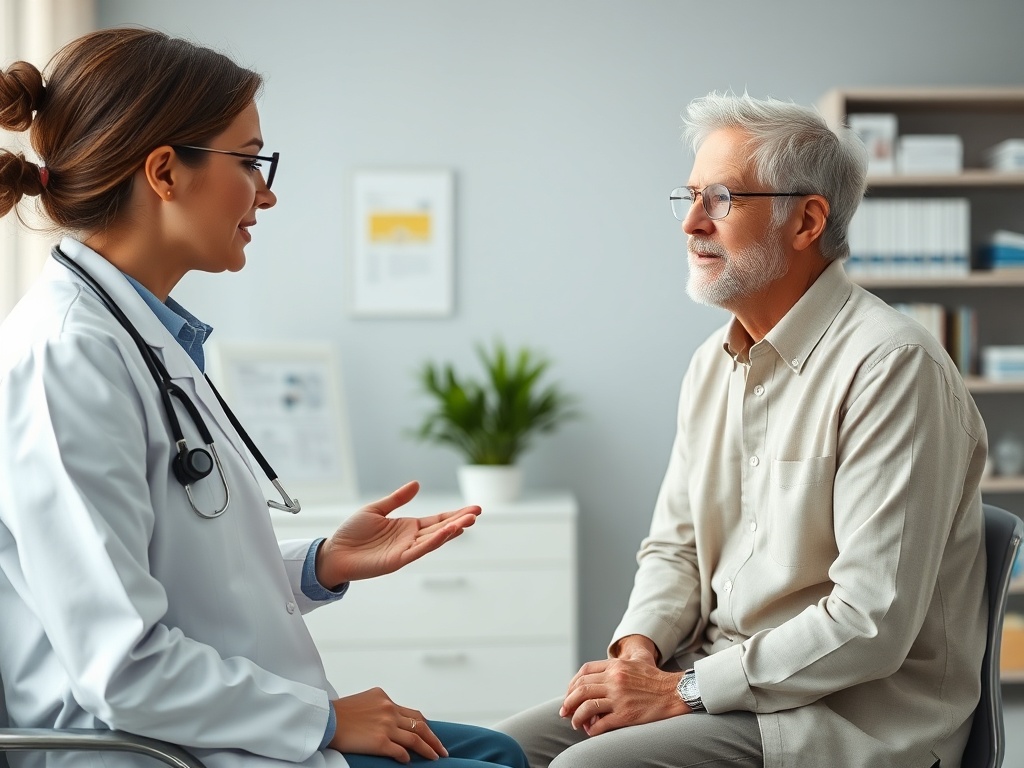 Врач общается с пожилым мужчиной в уютном кабинете, обсуждая его состояние здоровья.