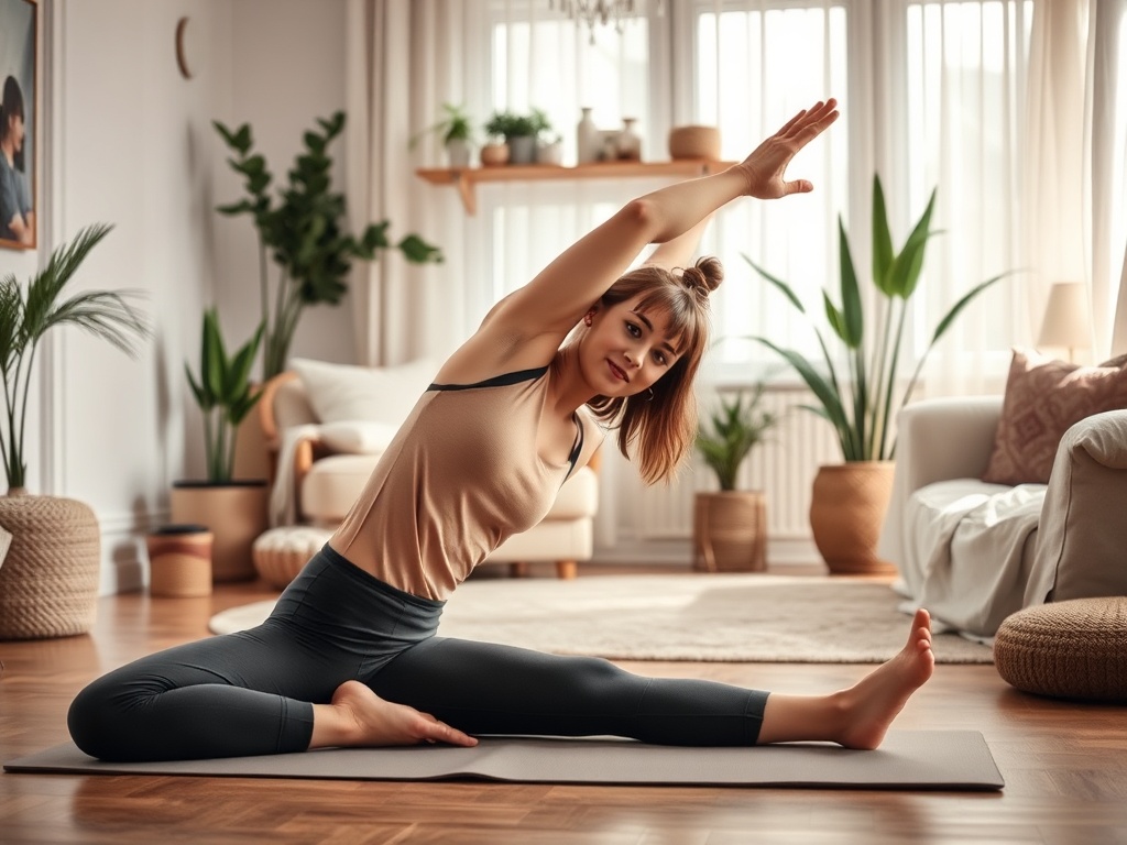 Молодая женщина выполняет йогу в светлой комнате с растениями и уютной обстановкой.
