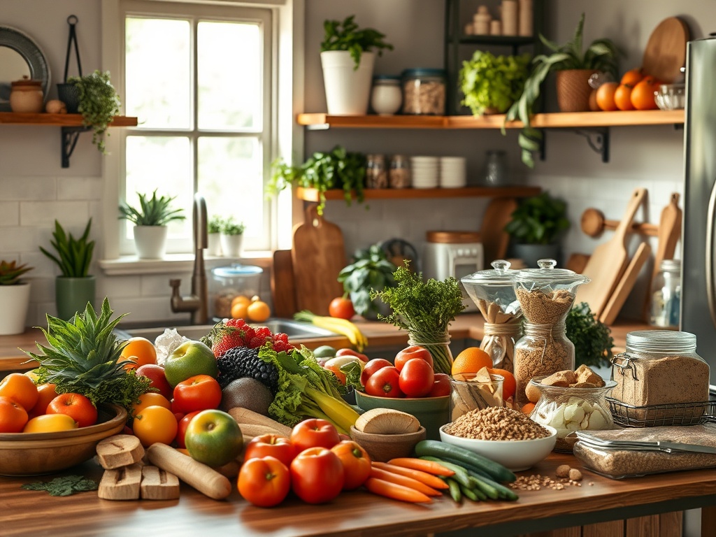 Сытный ассортимент свежих овощей и фруктов на красивой кухне с зелеными растениями и деревянными полками.