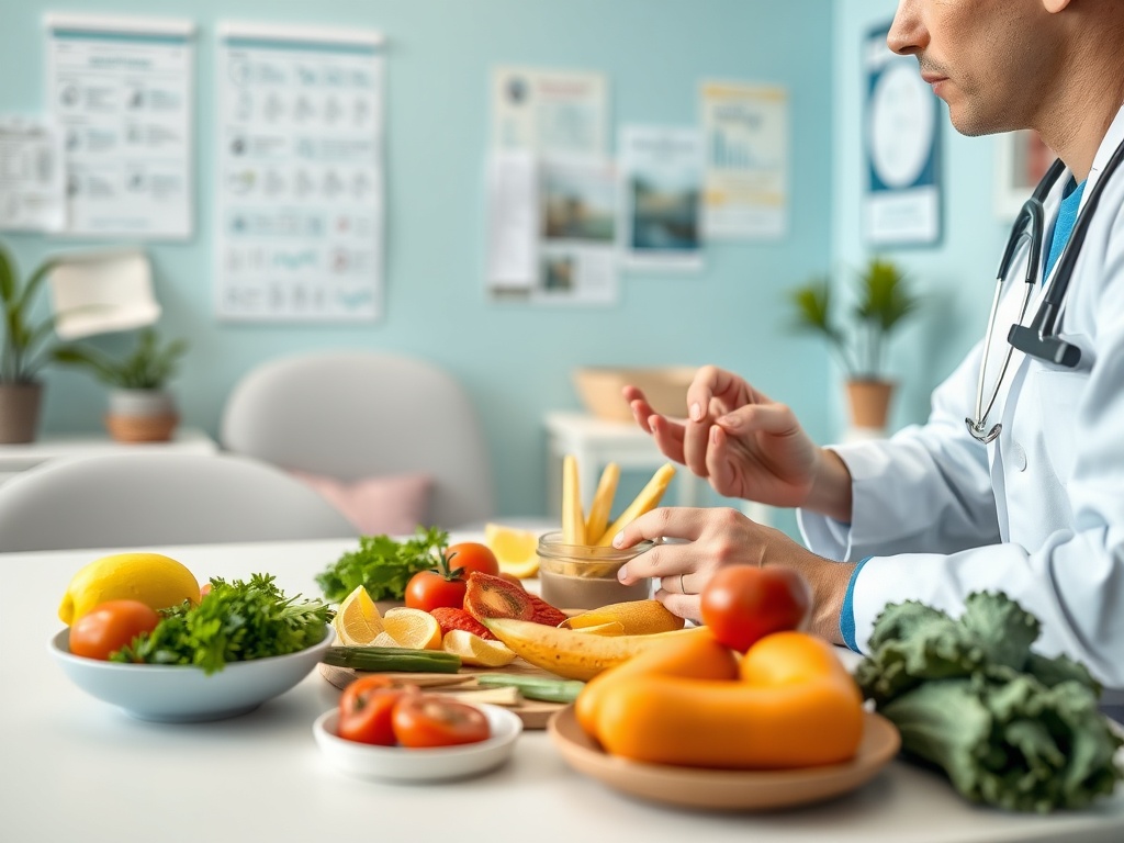 Врач в белом халате обсуждает здоровье, показывая свежие фрукты и овощи на столе.
