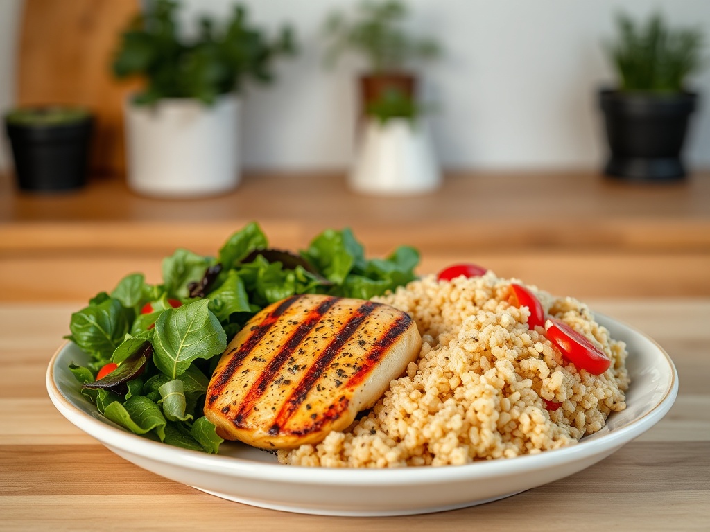 На тарелке рис, куриное филе на гриле и свежий салат с помидорами. Фон — светлая кухня с растениями.