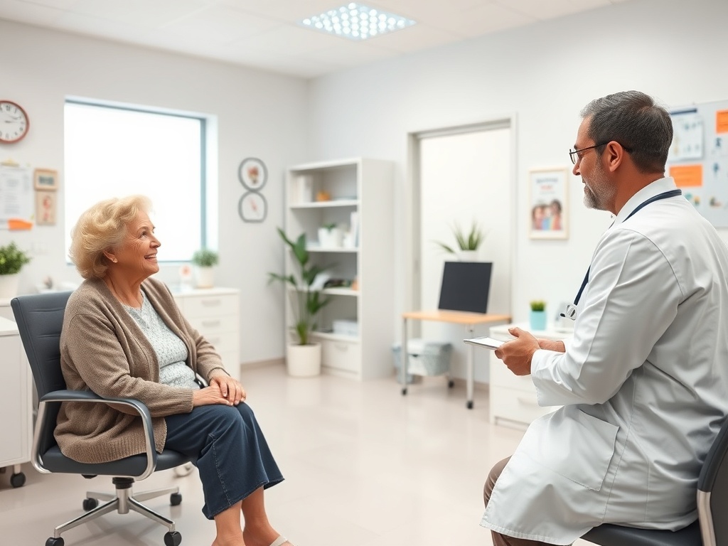 Врач беседует с женщиной в кабинете. На столе находятся медицинские документы и планшет.