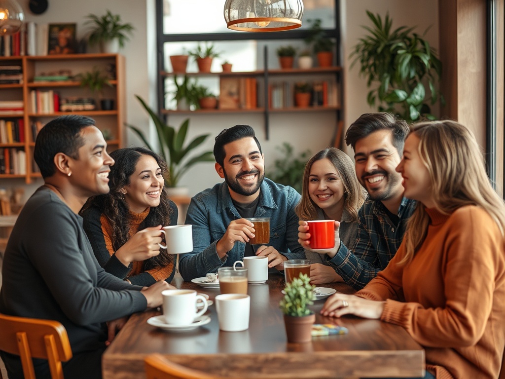 На изображении группа друзей весело общается за чашками кофе в уютном кафе.