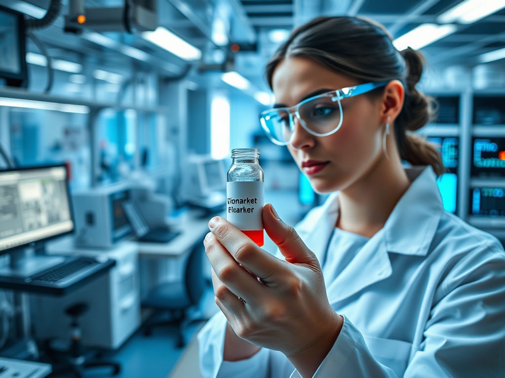 Научный работник в лаборатории держит пробирку с красной жидкостью. Фон — современное оборудование.