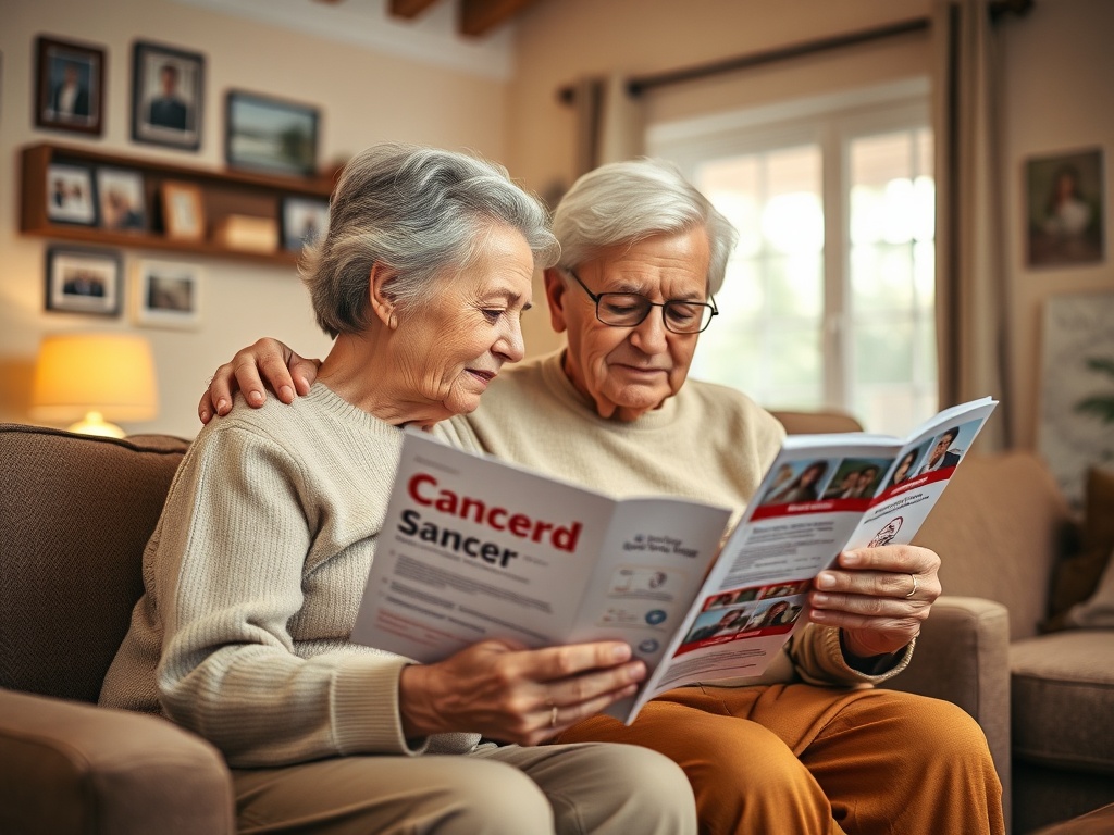 Пожилая пара сидит на диване и читает буклет о здоровье, обмениваясь теплыми эмоциями.