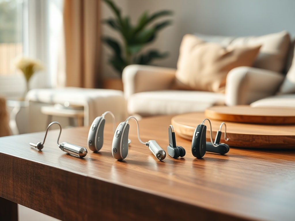 На столе расположены различные слуховые аппараты, среди которых модели серого и черного цвета.
