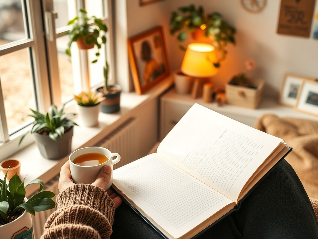 Человек сидит с чашкой чая и открытой книгой на фоне уютного окна и растений. Теплая атмосфера.