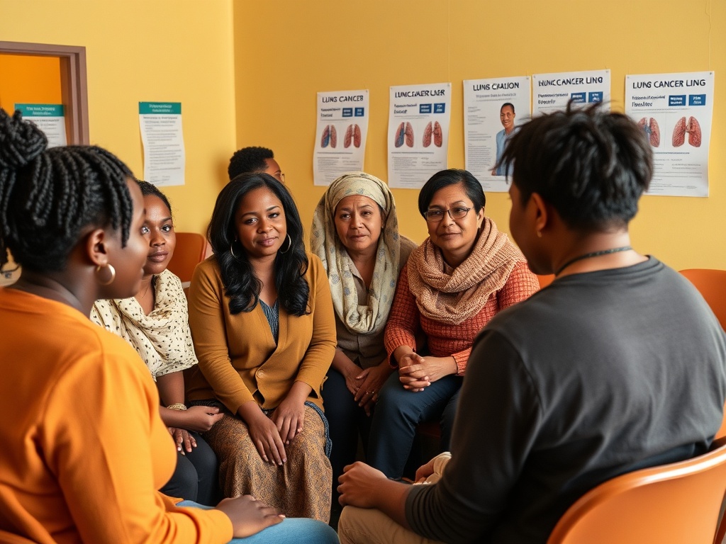 Группа людей обсуждает здоровье в комнате, окружённой постерами о раке лёгких.