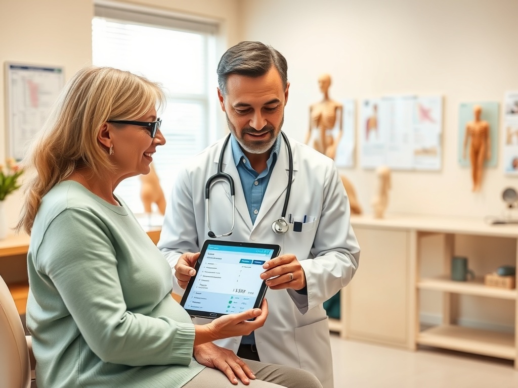 Врач обсуждает результаты обследования с пациенткой, показывая данные на планшете в кабинете.