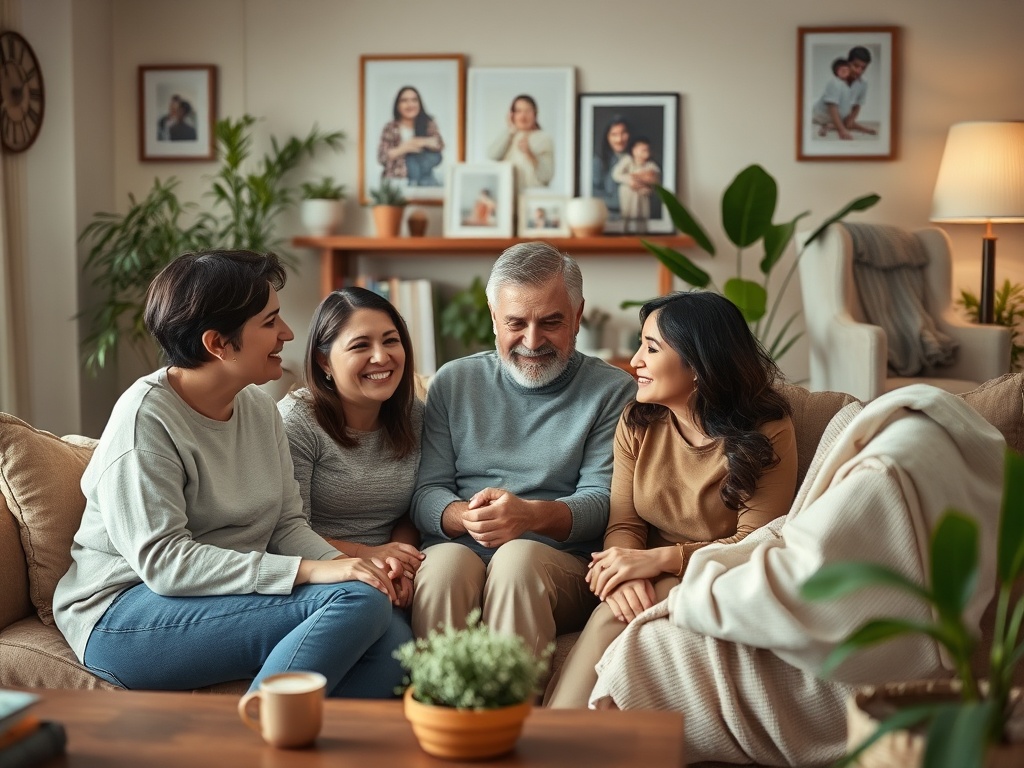 Четыре человека сидят на диване, смеются и общаются в уютной домашней обстановке. Рядом растут растения.