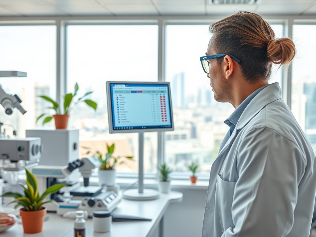 Мужчина в лаборатории смотрит на экран компьютера, окружённый растениями и лабораторным оборудованием.