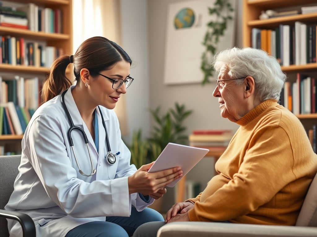 Врач объясняет пожилой пациентке необходимо на планшете, в уютной библиотечной обстановке.