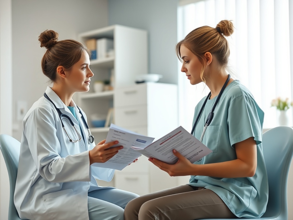 Два врача обсуждают документы в кабинете. Одна из них в белом халате, другая в медицинской форме.