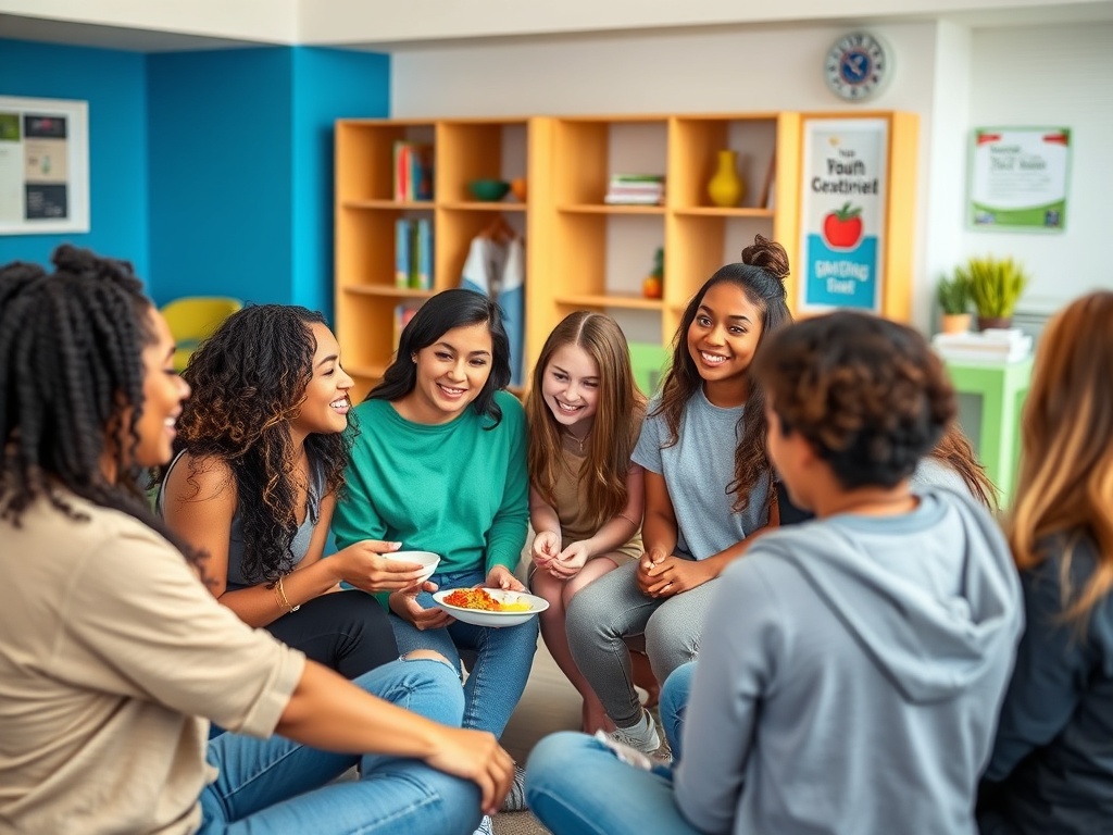 Группа девушек смеется и общается в уютной комнате, наслаждаясь едой и приятным временем вместе.