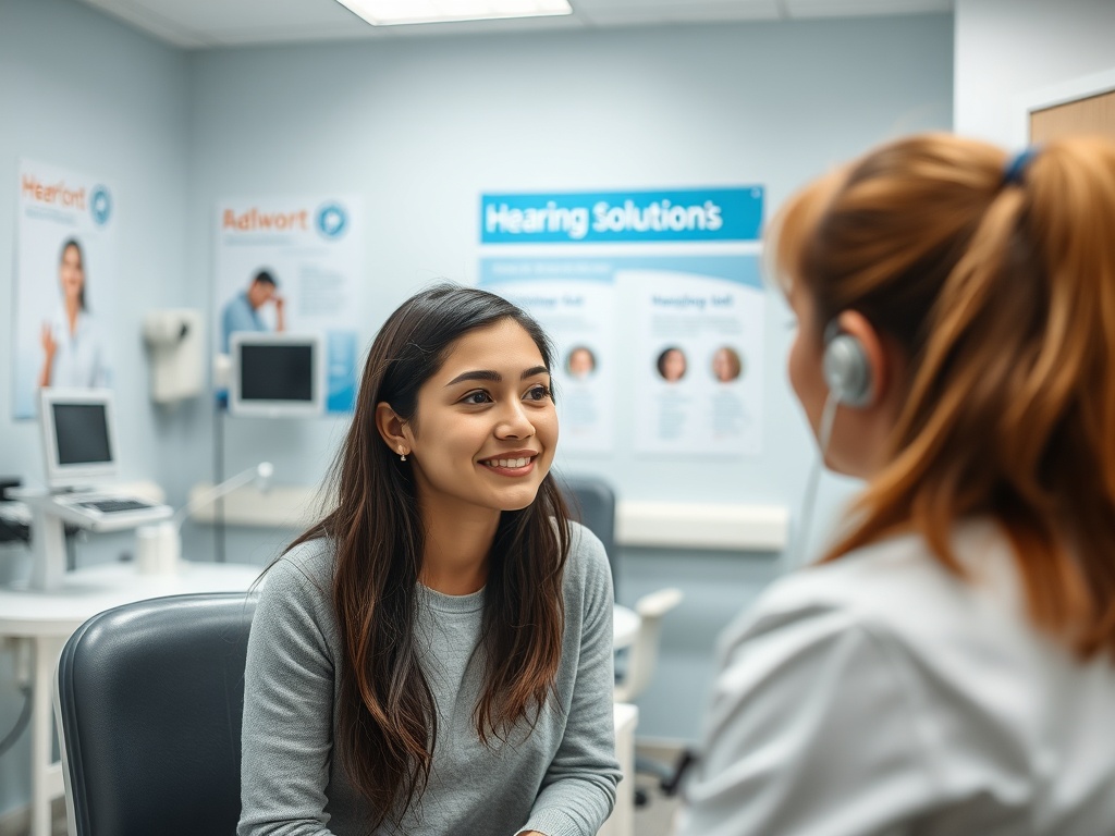 Девушка улыбается во время консультации с медицинским специалистом в кабинете. На стенах плакаты о слухе.