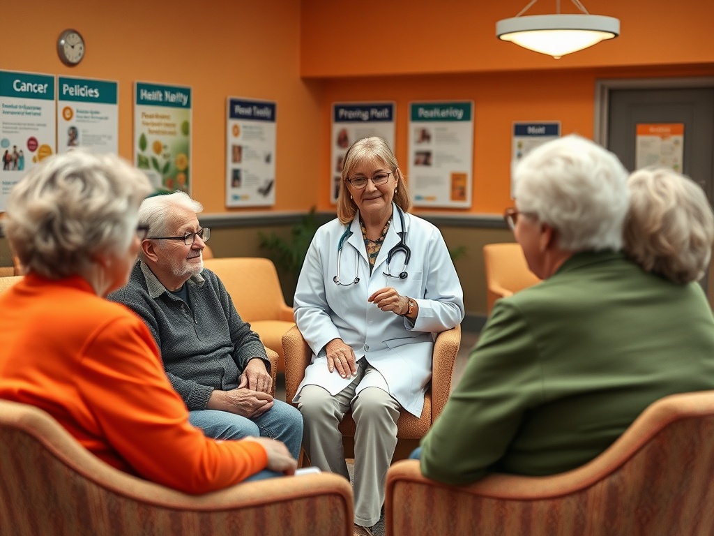Врача обсуждает здоровье с пожилыми людьми в уютной обстановке медучреждения.