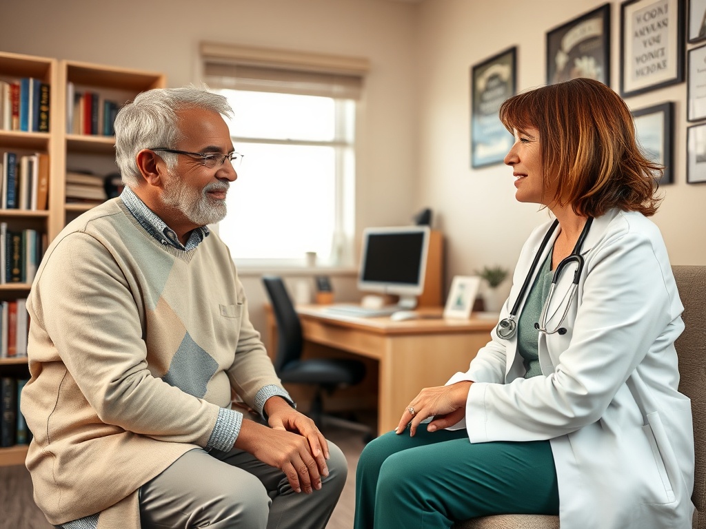 На изображении врач беседует с пожилым пациентом в офисе, окруженном книгами и медицинскими принадлежностями.