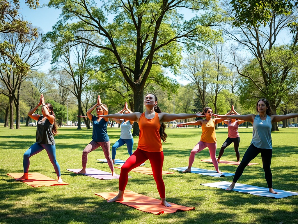 Группа женщин занимается йогой на траве в парке в солнечный день, выполняя различные позы.