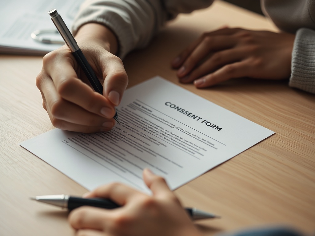 На столе лежит форма согласия, человек заполняет её ручкой. Вторая рука держит еще одну ручку.