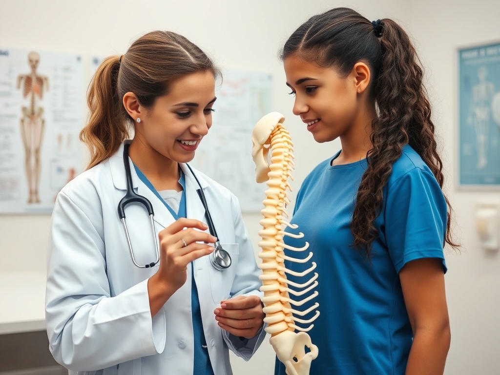 Врач объясняет модели позвоночника девушке во время консультации в медицинском центре.