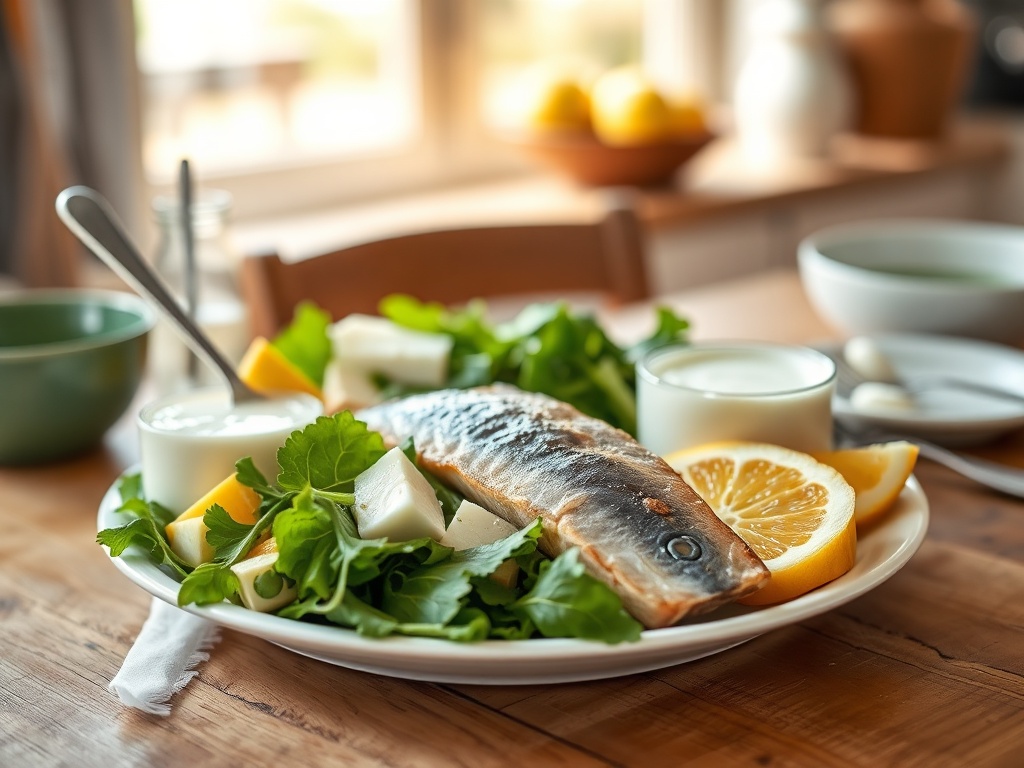 Тарелка с запечённой рыбой, салатом, лимоном и порцией йогурта на деревянном столе.