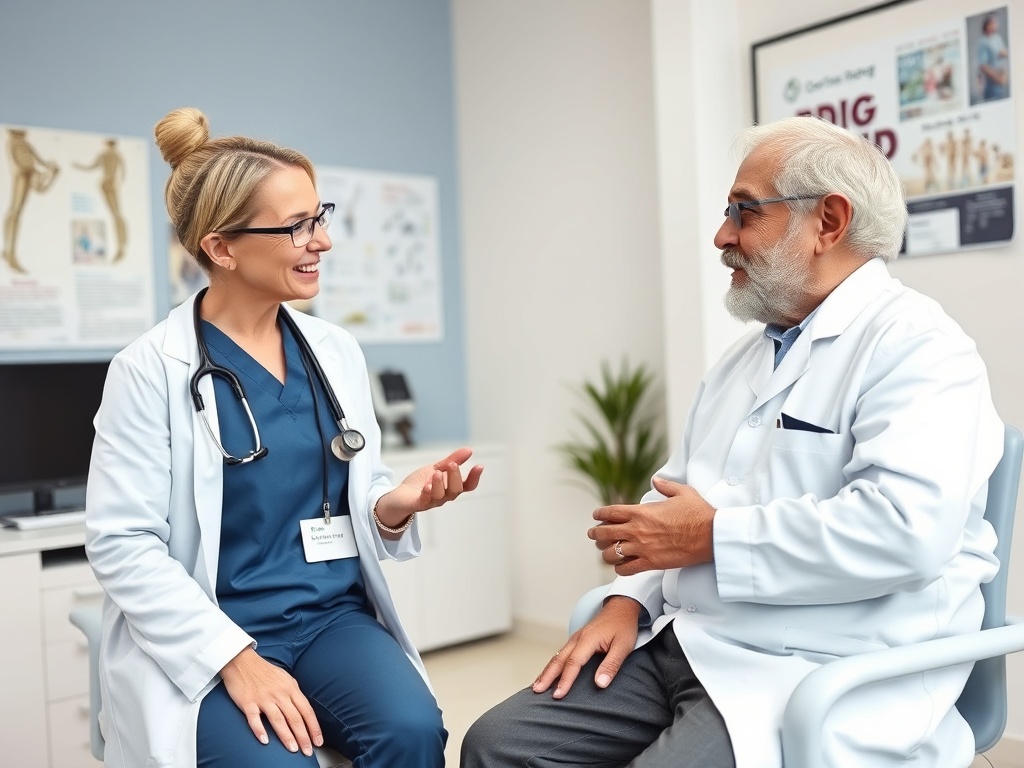 Врач и пациент общаются в кабинете, обсуждая медицинские вопросы в уютной обстановке.