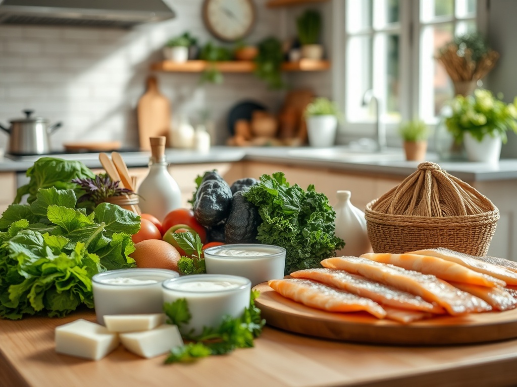 На столе свежие овощи, яйца, филе рыбы и молочные продукты в уютной кухне.