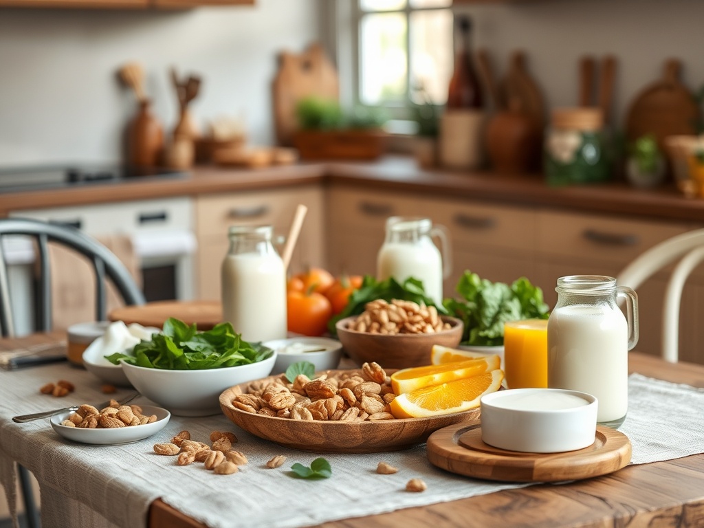 Стол с продуктами: молоко, цитрусовые, орехи, листья салата и соки на фоне кухни. Тёплая атмосфера.