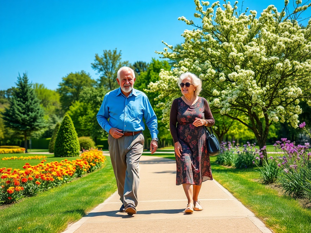 Пара пожилых людей прогуливается по дорожке в красивом парке, окруженном цветущими деревьями и цветами.