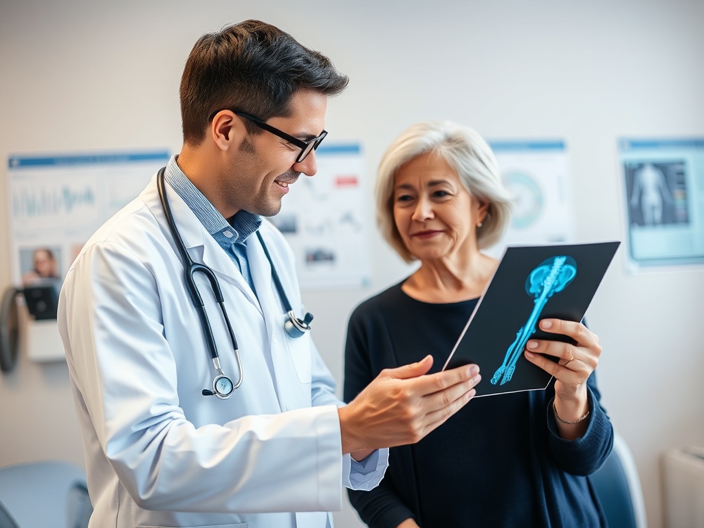 Врач обсуждает результаты обследования с пациенткой в медицинском кабинете.