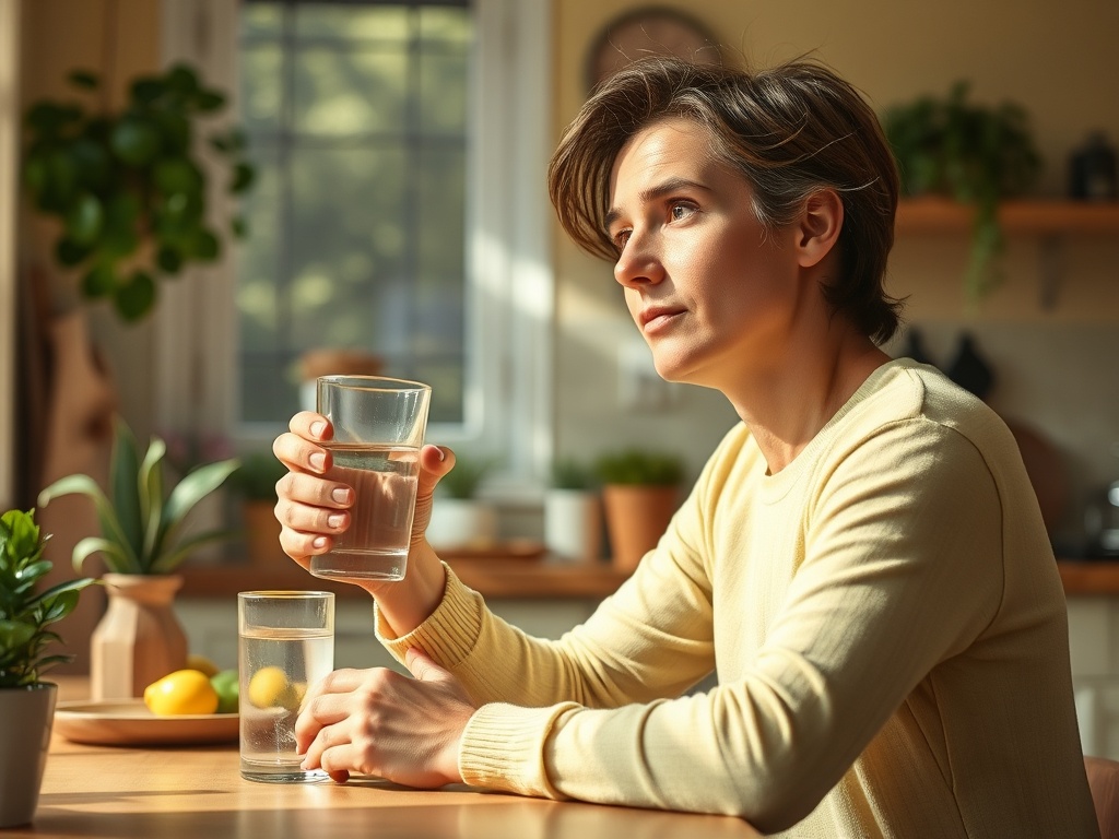 Женщина в светлом свитере сидит за столом с стаканом воды и задумчиво смотрит в окно. На столе лимоны.