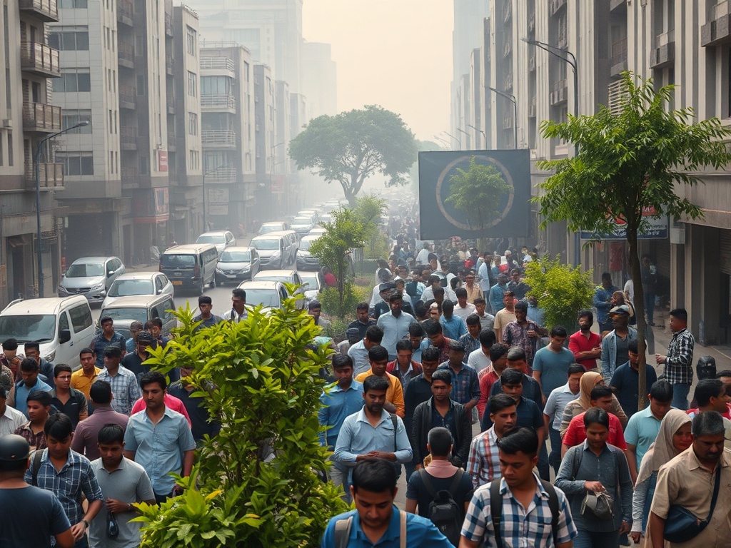 Густая толпа людей движется по улице, автомобили стоят в пробке, облачность и дым затмевают видимость.