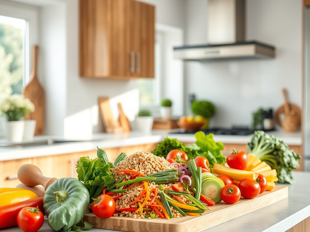 На фоне современной кухни на столе находятся свежие овощи и зерновые, готовые к приготовлению.