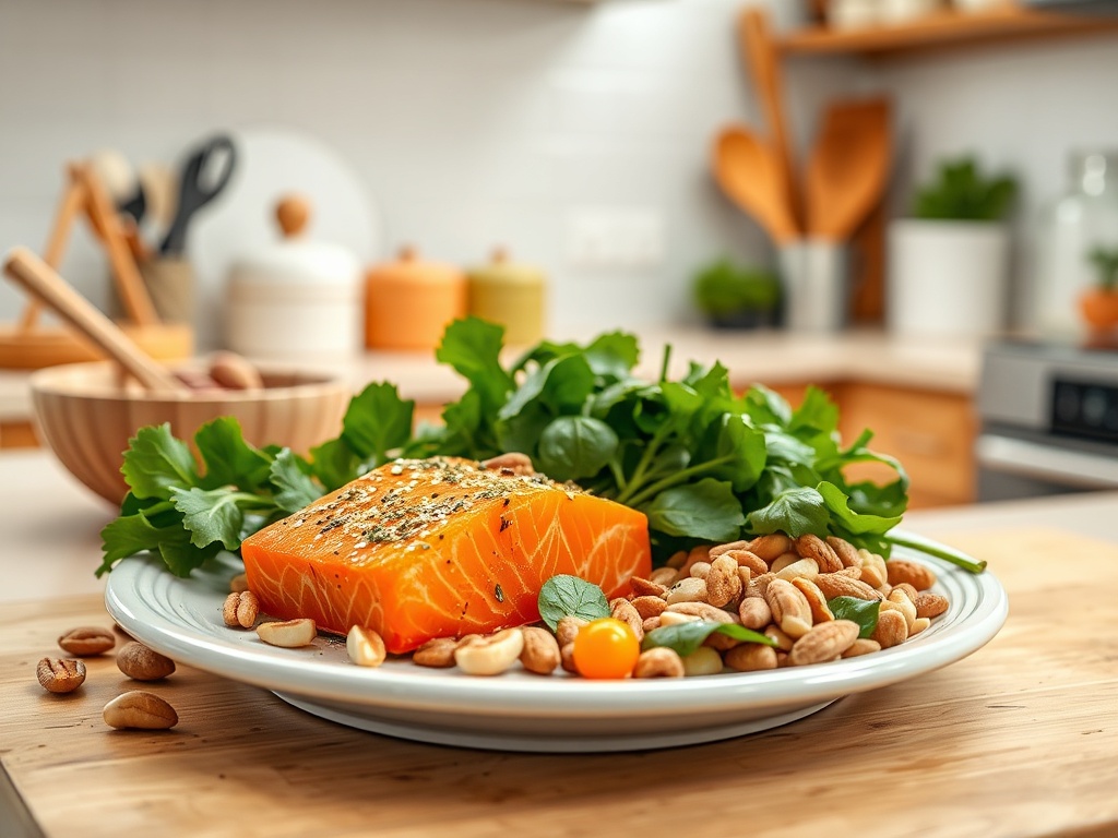 На тарелке – ломтик лосося, орехи, свежие травы и специи, на фоне кухни.