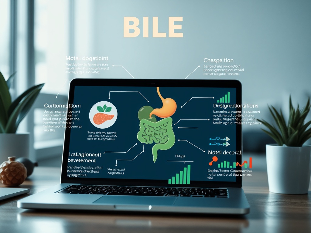На экране ноутбука информация о желчи: функции, роль в пищеварении и графики. С левой стороны животное и растительная диаграммы.