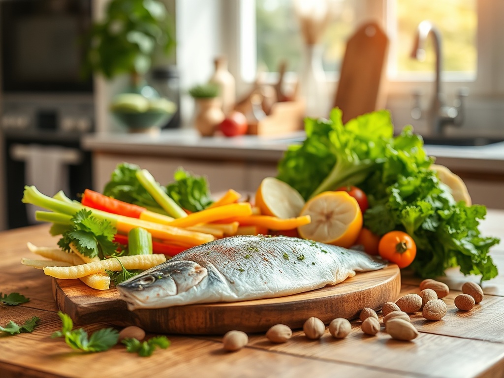 На деревянной доске лежит рыба, вокруг свежие овощи и зелень, в светлом кухонном интерьере.