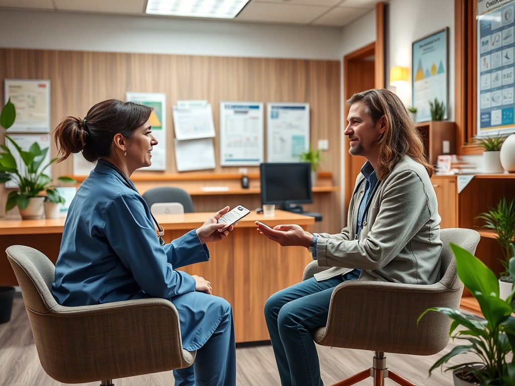 Медсестра и пациент общаются в кабинете, обсуждая результаты обследования. Зелёные растения вокруг.